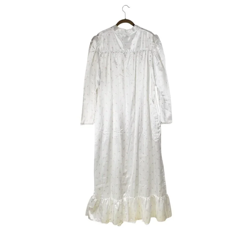 Laura Adams Long Sleeve Nightgown White Satin Modest Button Up Womens Large